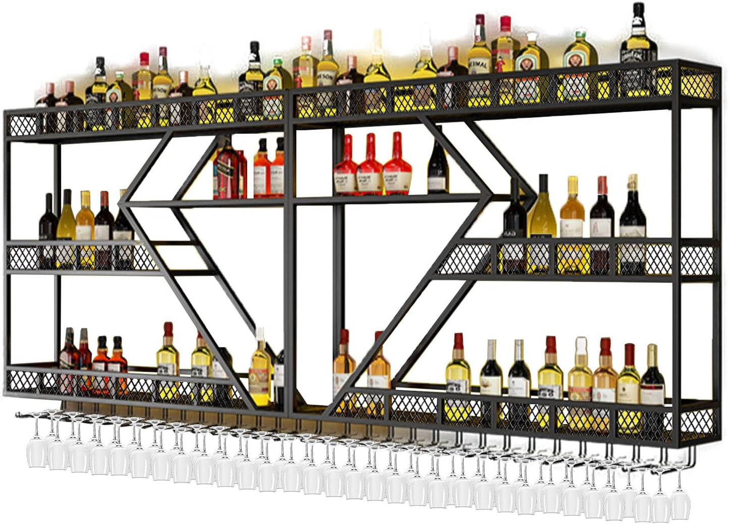 78.7in Metal Wine Rack Wall Mounted, Modern Wine Storage Rack Wall Mounted with Wine Glass Holder, Liquor Shelf, Bar Shelves for Liquor Bottles (3TIERS Black, 78.7 * 7.87 * 33.85INCH)