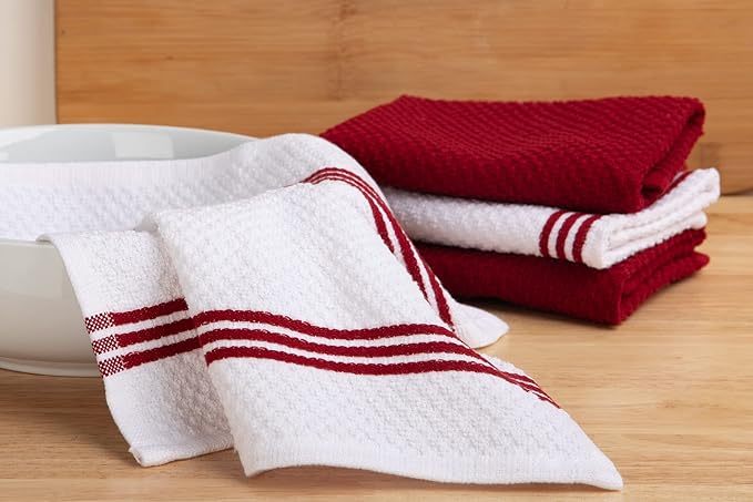 Sticky Toffee Cotton Dishcloths Set of 8 – Red and White Dish Towels 12x12 in, Reusable and Absorbent Tea Towels for Cleaning or Drying, Oeko-Tex Cotton