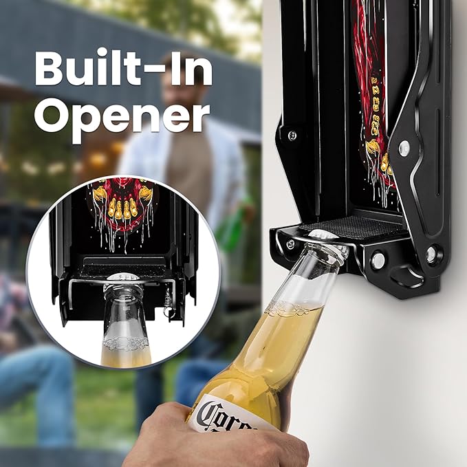 Can Crusher with Auto Drop Recycling | Built-in Bottle Opener | Crushes 12-16oz Cans | Includes Kitchen Storage Bag | Heavy Duty Metal Design, Space Saving & Hands-Free Operation- Halloween gifts