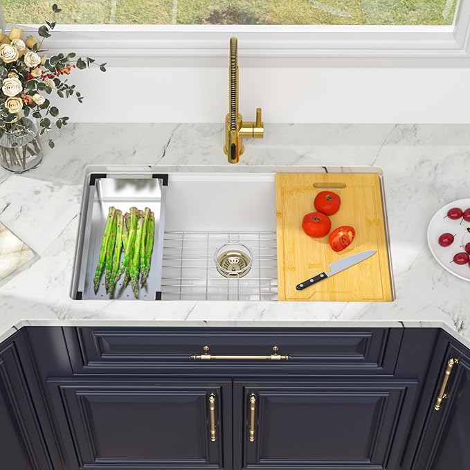 Kichae 30 Granite Composite Kitchen Sink White - 30" x 19" Granite Composite Kitchen Sink Undermount Workstation Under Counter Quartz Single Bowl Sink Basin