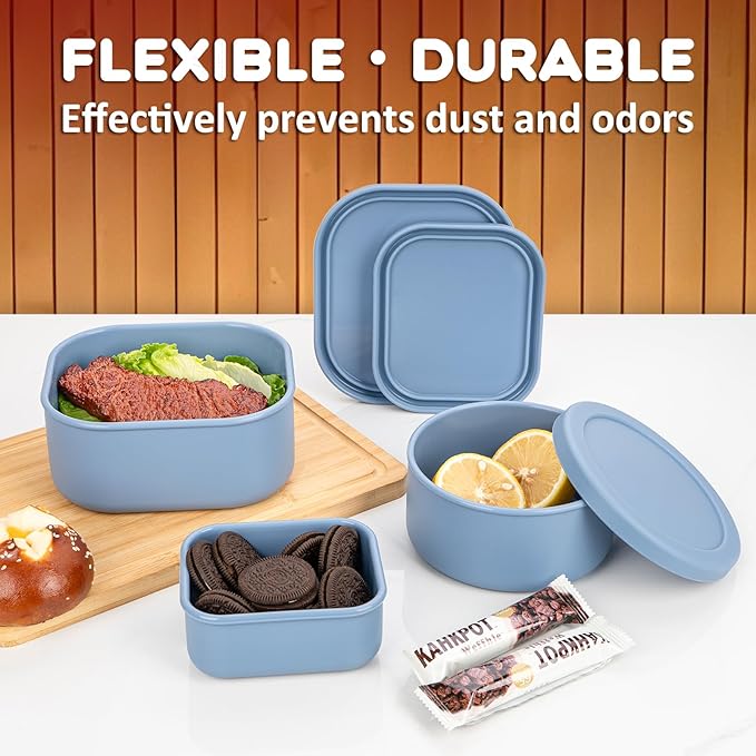 8PCS Silicone Food Storage Containers with Lids,10oz to 51oz,Reusable Leakproof Nesting & Stackable Bento Lunch Box,Microwave Freezer Dishwasher Oven Safe Meal Prep Containers,BPA Free, Slate Blue