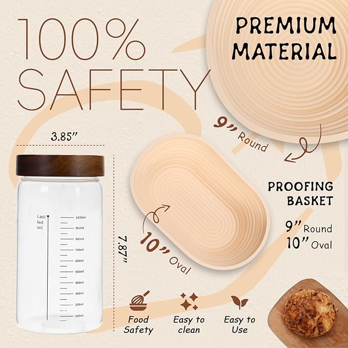 Sourdough Bread Baking Supplies and Starter Kit (2 Silicone Banneton Bread Proofing Baskets and a jar)