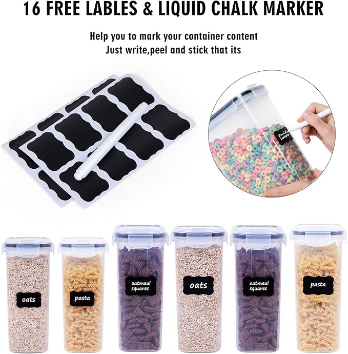 Cereal Containers Storage Set - 6 Piece Airtight Large Dry Cereal Storage Containers(4 * 4L+2 * 2.5L), BPA Free Dispenser Plastic Cereal Storage Containers with 16 Labels & Pen
