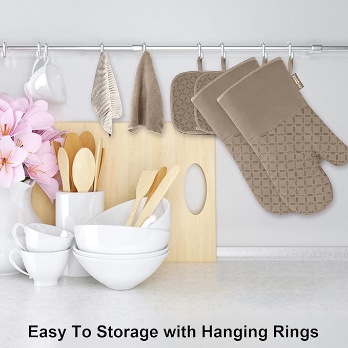 KEGOUU Oven Mitts and Pot Holders 6pcs Set, Kitchen Oven Glove High Heat Resistant 500 Degree Extra Long Oven Mitts and Potholder with Non-Slip Silicone Surface for Cooking (Khaki)