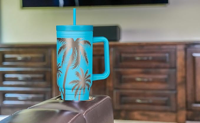 Engraved Palm Trees 40oz Insulated Tumbler with Handle, Lid & Straw - Use for Water, Tea, Coffee & More-Disabled USMC Vet Owned Small Business