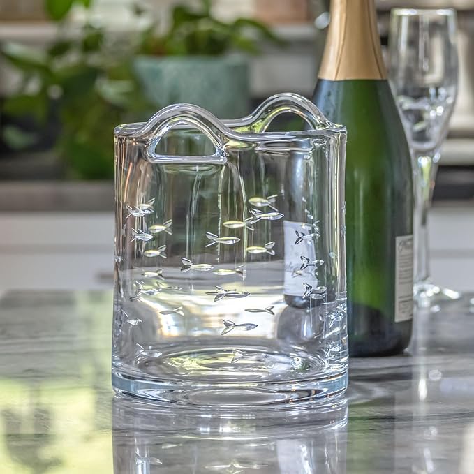 Rolf Glass School of Fish Ice Bucket | Glass Champagne Ice Bucket | Lead-Free and Diamond-Wheel Engraved | Designed and Engraved in the USA | Nautical and Coastal
