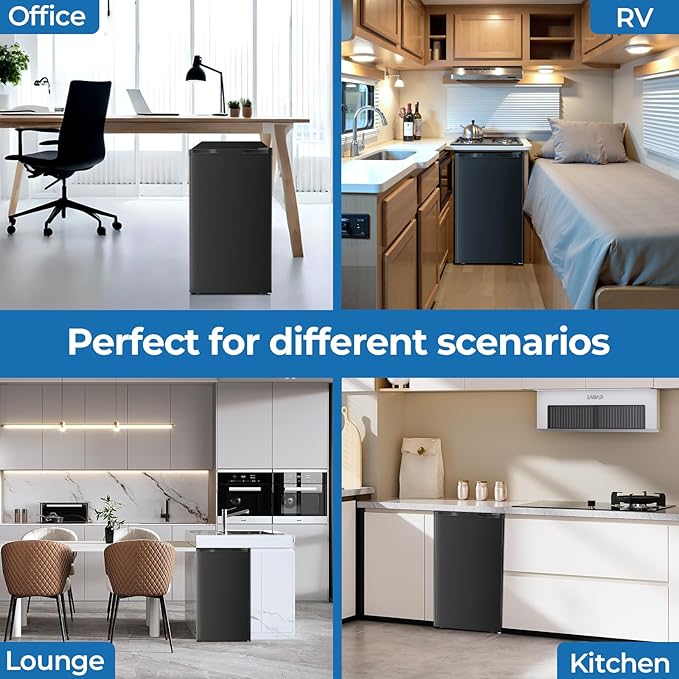 3.2 Cu.ft Mini Fridge with Freezer, Compact Refrigerator with Reversible Single Door, Adjustable Thermostat, Low Noise, Energy Efficient for Office, Dorm, Bedroom, Apartment (Black)