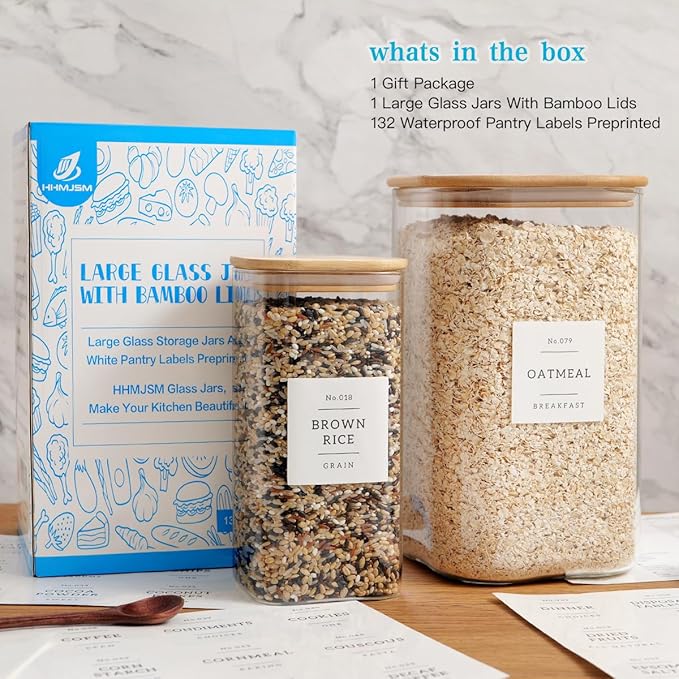 Glass Pantry Storage Containers with 132 Kitchen Pantry Labels, 138/50 oz Large Square Flour and Sugar Containers with Airtight Lids, Gallon Glass Jars with Bamboo Lids for Rice, Pasta, Cookies, grain