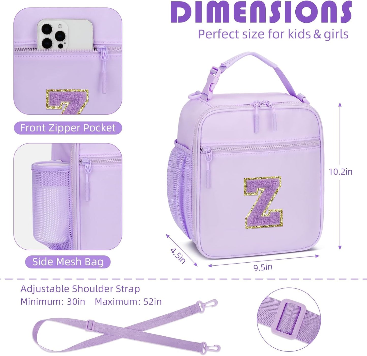 Initial Insulated Lunch Bag for Girls Kids, Back to School Gift, Reusable Leak-proof Lunch Box with Adjustable Strap for School Daycare Travel Picnic (Purple,Z)