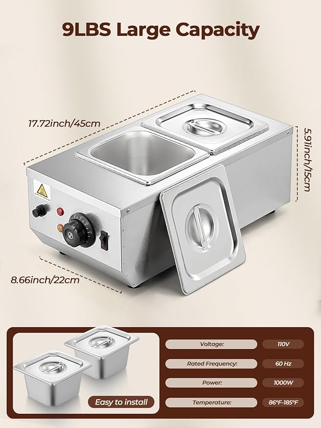 Chocolate Tempering Machine, 9LBS Chocolate Melting Pot, 86~185℉ Chocolate Warmer, 1000w Commercial Chocolate Melting Machine, Stainless Steel Electric Commercial Food Warmer For Milk Coffee Cheese