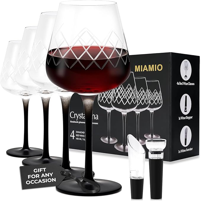 MIAMIO Premium Crystal Wine Glasses, Set of 4 with Black Long Stem Crystaluna Collection (Red Wine)