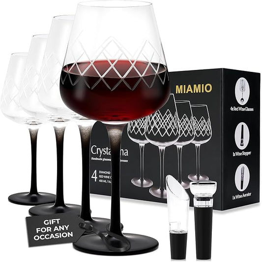 MIAMIO Premium Crystal Wine Glasses, Set of 4 with Black Long Stem Crystaluna Collection (Red Wine)