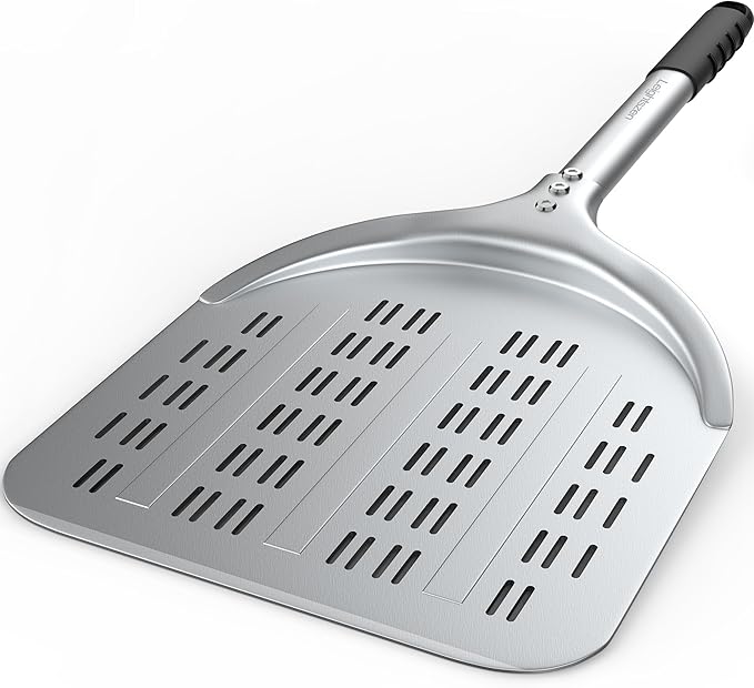 Pizza Peel – 12'' Aluminum Perforated Launch Placement Retrieving Peel – Metal Hanging Hook – Lightweight Turning Peel – Non-stick Pizza Paddle – Outdoor Pizza Oven Accessories