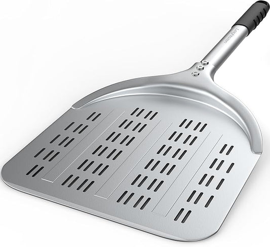 Pizza Peel – 12'' Aluminum Perforated Launch Placement Retrieving Peel – Metal Hanging Hook – Lightweight Turning Peel – Non-stick Pizza Paddle – Outdoor Pizza Oven Accessories