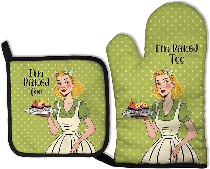 I'm Baked Too, Fun Oven Mitts and Potholders Set, Perfect for Baking Lovers, Bakers, Mom, Wife, Girlfriend Birthday Housewarming Gift, Fashionable Double-Sided Pattern