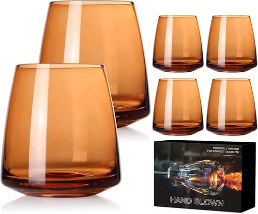 Brown Stemless Wine Glasses Set 6-Colorful Wine Glasses Stemless for Wine water,whiskies, juices, cocktails,Unique Gifts for Mother day Birthday Wedding Party