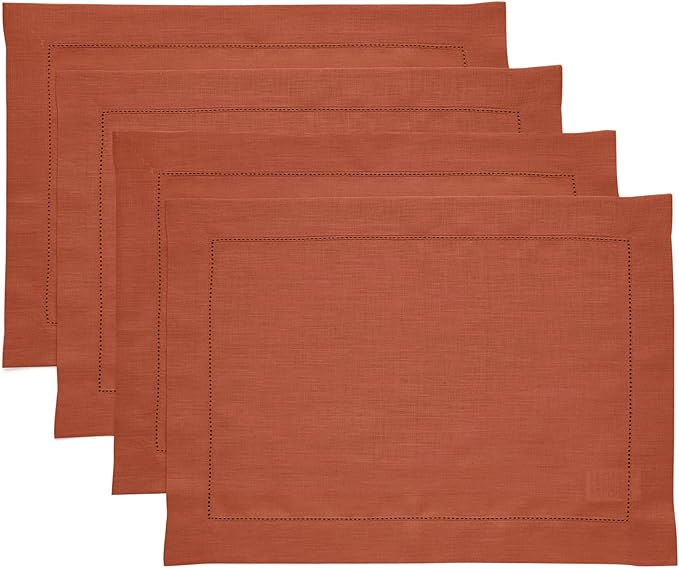 Solino Home Linen Placemats Set of 4 - Classic Hemstitch Cinnamon Placemats 14 x 19 Inch - 100% Pure Linen Table Mats for Fall, Autumn, Winter, Thanksgiving