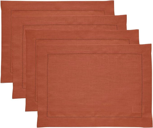 Solino Home Linen Placemats Set of 4 - Classic Hemstitch Cinnamon Placemats 14 x 19 Inch - 100% Pure Linen Table Mats for Fall, Autumn, Winter, Thanksgiving