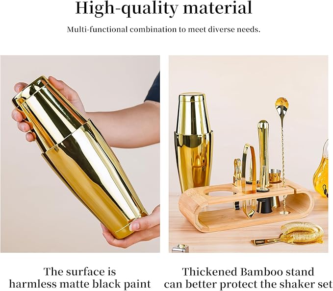 Cocktail Shaker Set Stainless Steel Shakers Bartending kit Bar Kits Bar Tool Sets for Professional Bartender and Home (Gold, 10-Pcs Boston Shaker)