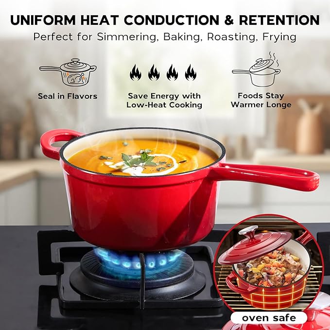 Onader Enameled Cast Iron Sauce Pan, 1QT Small Saucepan with Lid, Cast Iron Sauce Pot Enamel Dutch Oven, Nonstick & Heavy Duty – Red