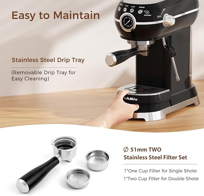 Espresso Machine with Milk Frother ，20 Bar Stainless Steel Espresso Maker with Milk Frother Steam Wand, Espresso Coffee Machine with Removable Water Tank (Black)