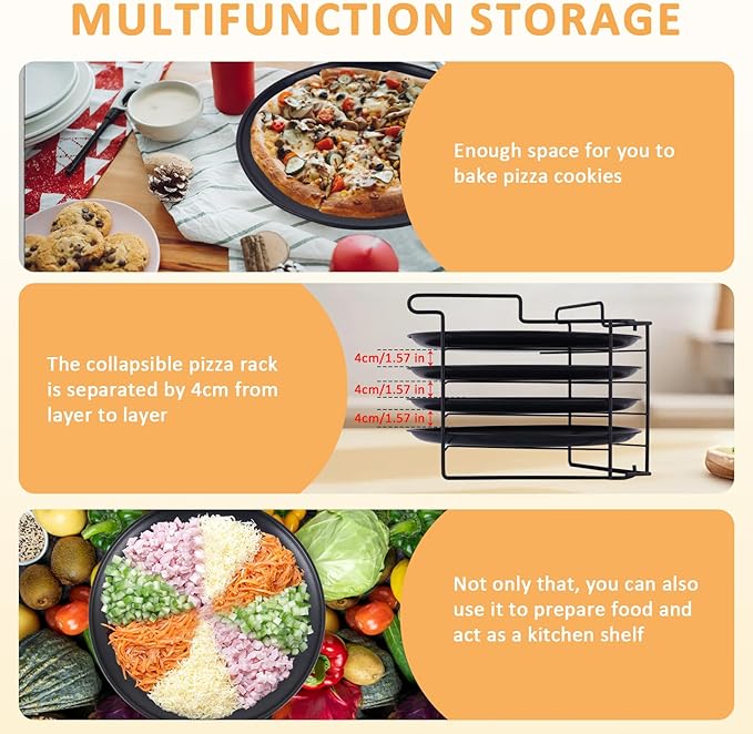 JIAWANSHUN Folding Pizza Rack Stand 4-Layer Stainless Steel with 12-Inch Non-Stick Pan,Oven-Safe Baking & Cooling Holder for Home Kitchens,Pizza Shops,Commercial Restaurants