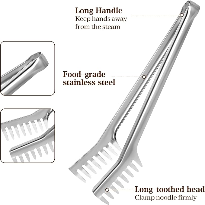 Pleafind Spaghetti Spoon and Spaghetti Tong - 12 Inch Extra-thick, Non-Stick Spaghetti Fork and Kitchen Tong, Easy Storage and Dishwasher Safe Utensils for Cooking, Ergonomic Design
