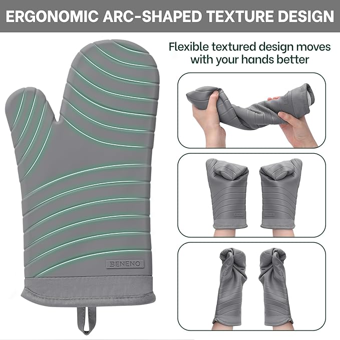 Beneno Premium Silicone Oven Mitts 2-Pack Heat Resistant 500°F, Soft Flexible Non-Slip Grips, BPA-Free & Waterproof Oven Mitts with Comfortable Cotton Lining for Baking, Grilling, Cooking, 7"x13" Gray