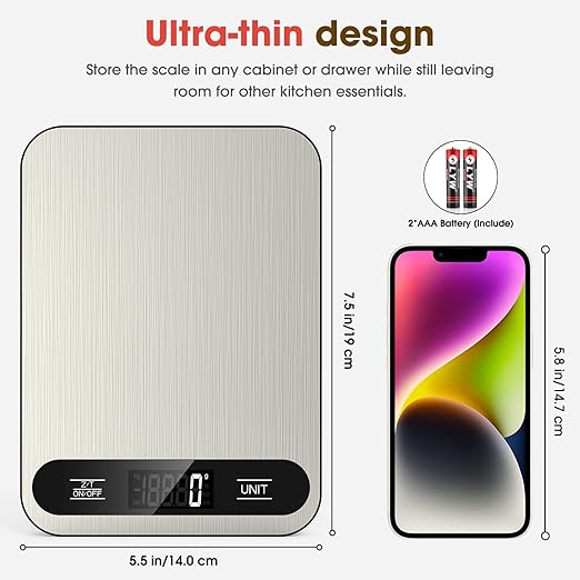 Mik-Nana Food Scale, 22lb Digital Kitchen Scale with 6 Units Tare Function & LCD Display, Stainless Steel Weight Grams and Ounces for Baking, Cooking and Meal Prep (Batteries Included)