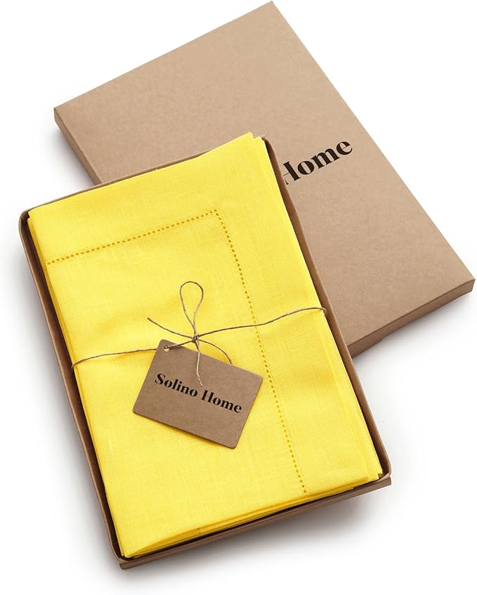Solino Home Sunshine Yellow Linen Napkins Set of 4-100% Pure Linen Hemstitch Dinner Napkins 20 x 20 Inch - Classic Hemstitch