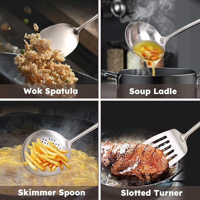 MARTE Kitchen Cooking Utensils Set, 5 Pcs Stainless Steel Cooking Kitchen Utensils Spatula Set with Holder, Heat-Resistant Spatula and Ladle Skimmer Turner Tool Set，Dishwasher Safe & BPA Free