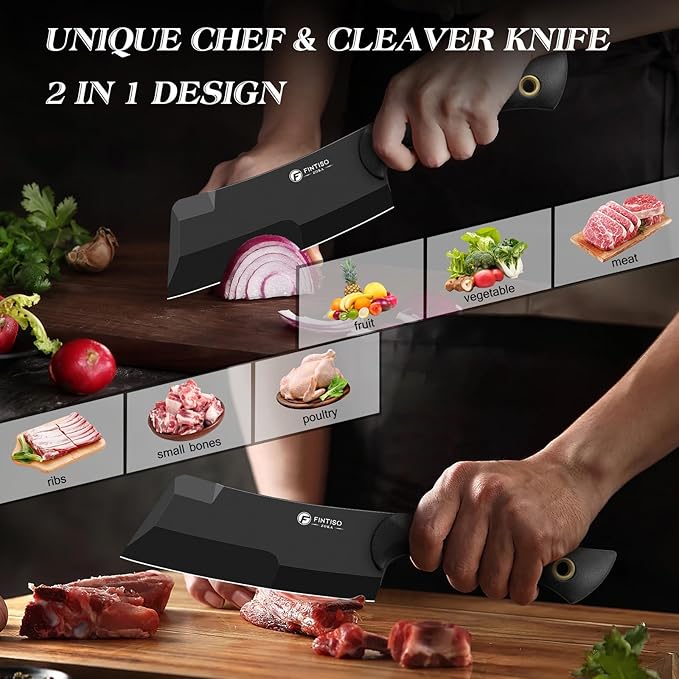 5.5 Inch Butcher Knife, 2-in-1 Chef & Meat Cleaver Knife with Sheath, Multipurpose Full Tang G10 Handle Kitchen Knives for Bone Chopping, 14C28N High Carbon Stainless Steel for Home and Outdoor