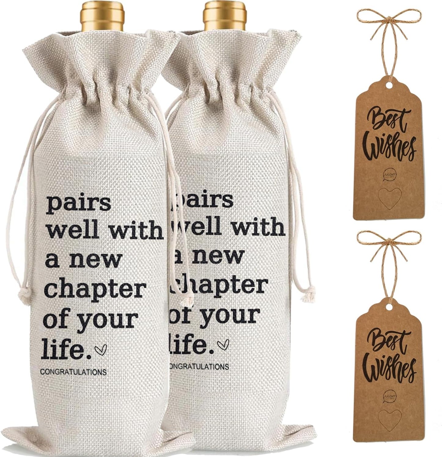 Julont 2Pcs New Chapter Wine Bag New Beginning New Business Owner Gifts Wine Bag, Pairs Well With a New Chapter of Your Life with 2Pcs Kraft Blessing Cards and natural jute rope