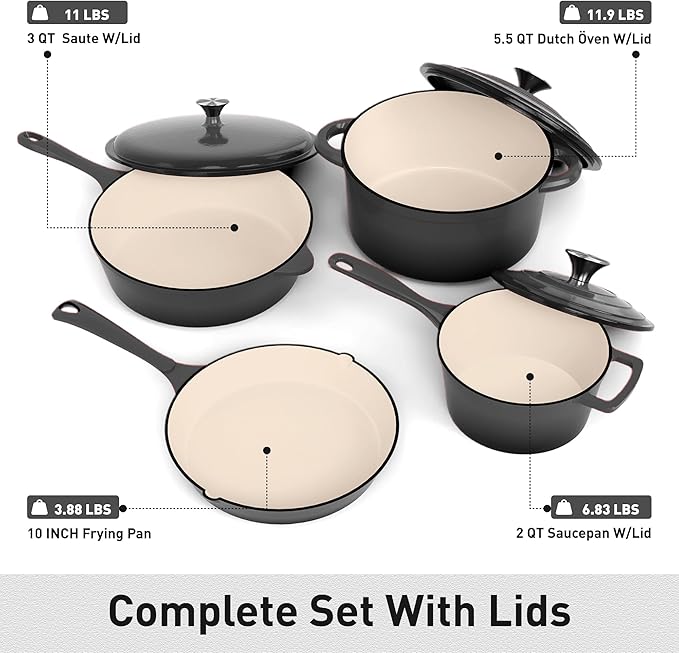 MAISON ARTS Enamel Cast Iron 7 Piece Cookware Set, Dutch Oven Pot with Lid, Grey Non Stick Pots and Pans set, Oven Safe up to 500°F