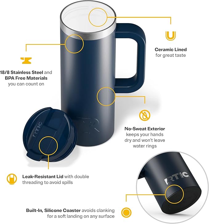 RTIC 20oz Road Trip Travel Mug with Lid and Handle, Ceramic Lined, Insulated, Stainless Steel, Metal, Double Wall Vacuum-Insulation, Portable Coffee, Tea Cup for Hot and Cold Drink, Navy
