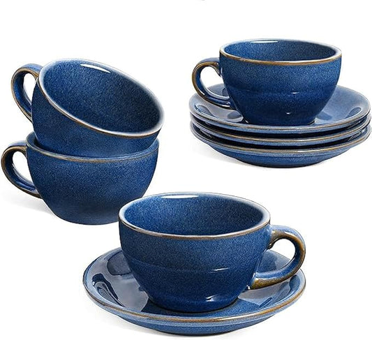 LE TAUCI 6 oz Cappuccino Cups with Saucers, Ceramic Coffee Cup for Au Lait, Double shot, Latte, Cafe Mocha, Tea - Set of 4, Ceylon Blue