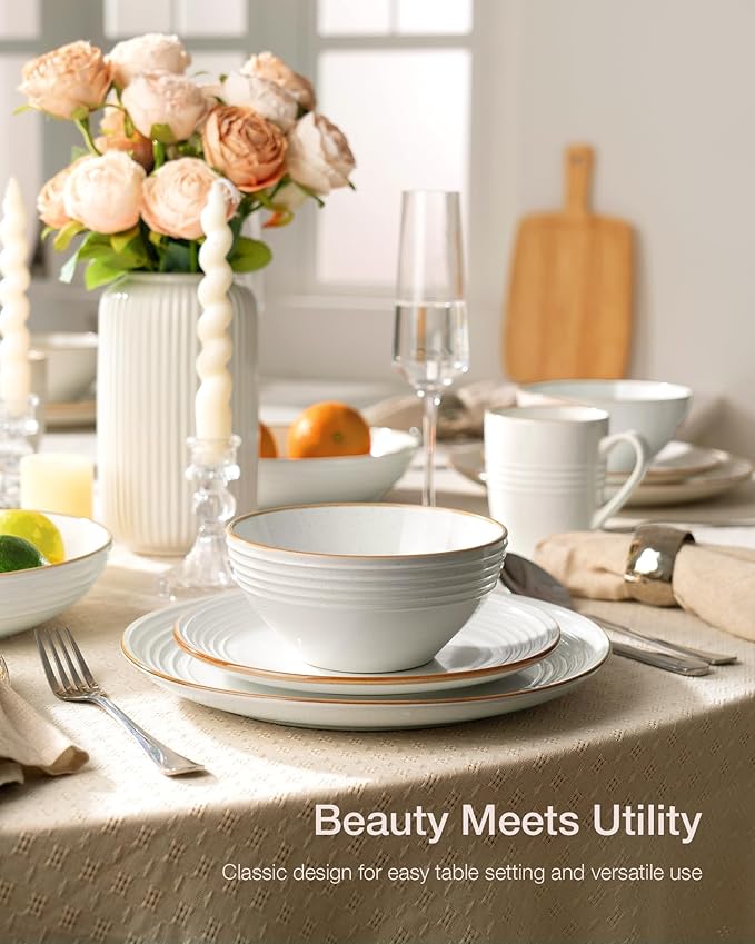 Famiware Jupiter Dinnerware Set, Plates and Bowls Dish Sets for 6 (18 Pieces), Microwave and Dishwasher Safe Stoneware Speckled Tableware, Chip and Scratch Resistant, White