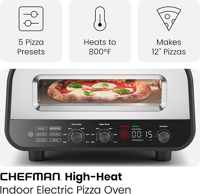 CHEFMAN Indoor Pizza Oven - Makes 12 Inch Pizzas in Minutes, Heats up to 800°F - Countertop Electric Pizza Maker with 5 Touchscreen Presets, Pizza Stone and Peel Included - Stainless Steel