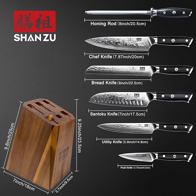 SHAN ZU Damascus Kitchen Knife Set, 7-Piece Professional Knife Sets for Chefs, Japanese Super Steel Damascus Kitchen Knife Set With G10 Handle Knife Block Set