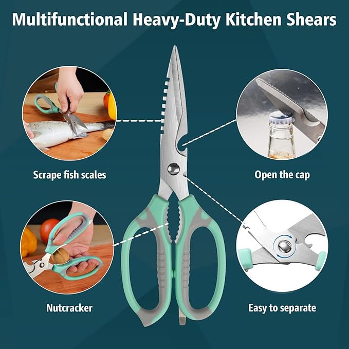 Kitchen Scissors, 9-Inch Heavy Duty Multipurpose Food Cutting Shears, Detachable Dishwasher Safe, Sharp Serrated Blade, Ergonomic Non-Slip Handle for Food, Meat, Herbs, Green