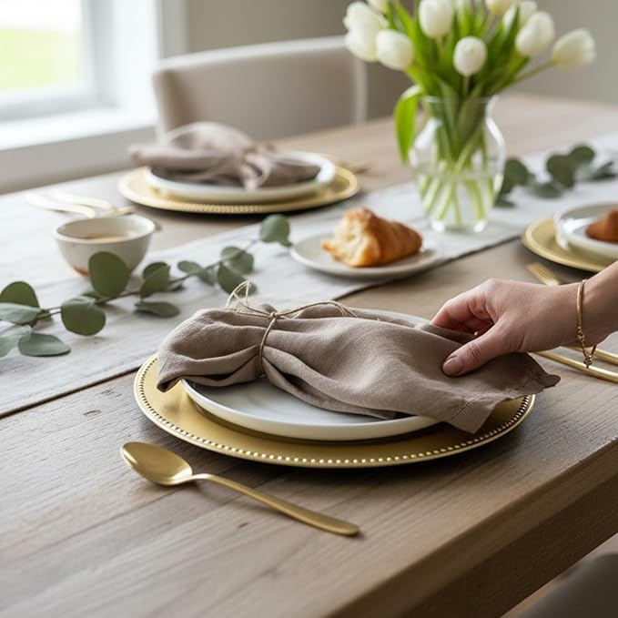 Hemstitched Linen Napkins – 20 Inch x 20 Inch – Stonewashed Pure Linen Cloth Dinner Napkins with Mitered Corners - 100% French Flax – Machine Washable - Set of 4 (Natural Rustic Taupe)