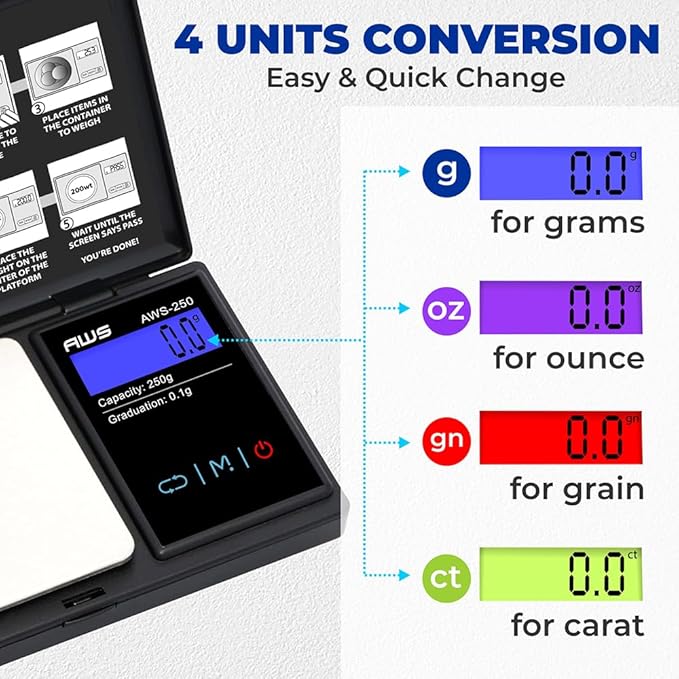 American Weigh Scales Series Digital Pocket Weight Scale Accurately Measures, Backlit LCD Display 250g x 0.1g, (Black), AWS-250-BLK