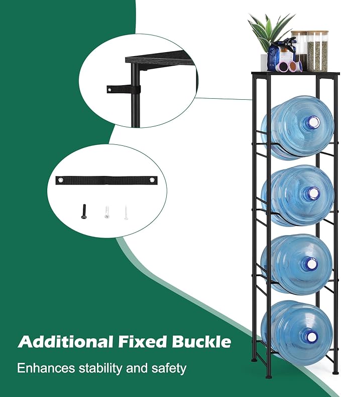 Vrisa Water Jug Holder 5 Gallon Water Jug Stand 4-Tier Water Gallon Holder Organizer with Storage Shelf 3/5 Gallon Water Jug Rack for Home Office Kitchen Black