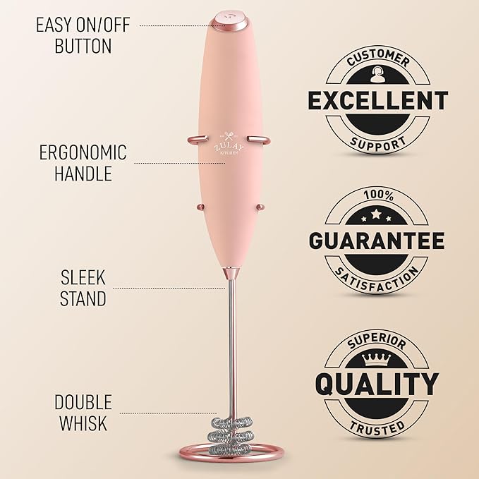 Zulay Kitchen Tornado Whisk Milk Frother with 4 AA Duracell Batteries - Triple Whisk for More Power - Handheld Coffee Frother with Stand - Drink Mixer for Lattes, Matcha & Protein Shakes