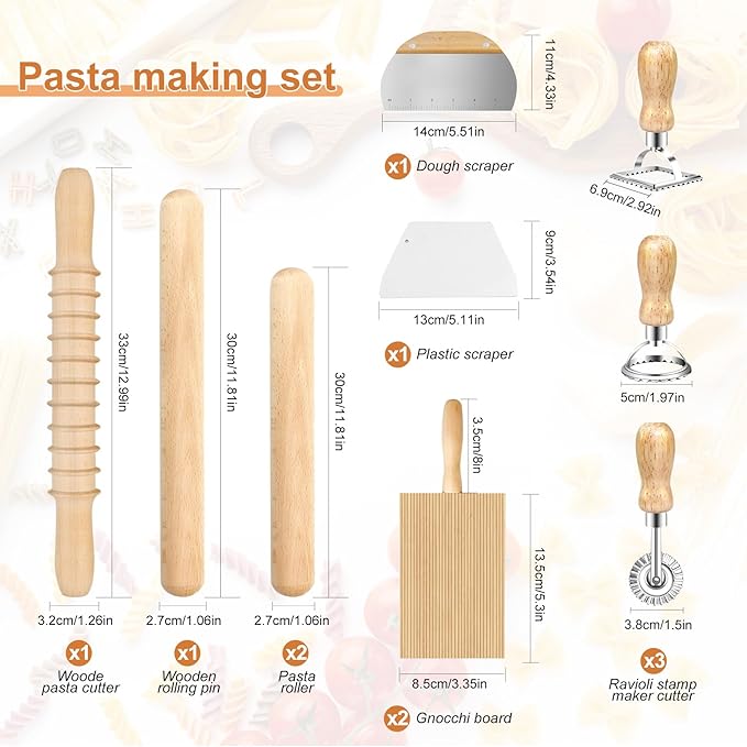 Pasta Making Tools Set, Pasta Making kit Includes 12 Pcs Pasta Making Tools Pasta Making Accessories Wooden Pasta Roller