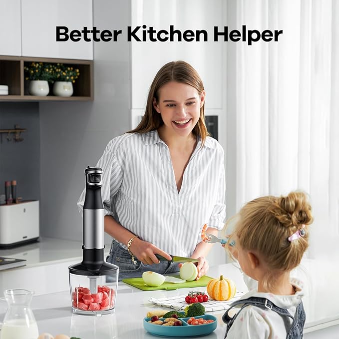 Immersion Blender Handheld 1100W 5 in 1 Corded Stick Hand Blenders for Kitchen with Trigger Speed Control, with Beaker, Chopper, Whisk, Frother, Perfect Emulsifier for Soup, Smoothie, Puree