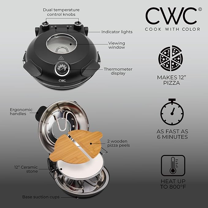 Cook With Color Electric Indoor Pizza Oven – Crispy Crust Countertop Pizza Maker, Heats up to 800˚F, 12 Inch Ceramic Stone, Dual Temperature Control Knobs, Bamboo Peel Included, Black