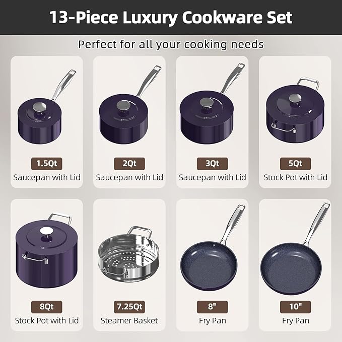 Nuwave Lux 13pc Forged Lightweight Cookware Set PFAS Free, Healthy G10 Duralon Ceramic Coating, Ultra Non-Stick, Stay-Cool Handles, Works on All Cooktops & Induction Ready