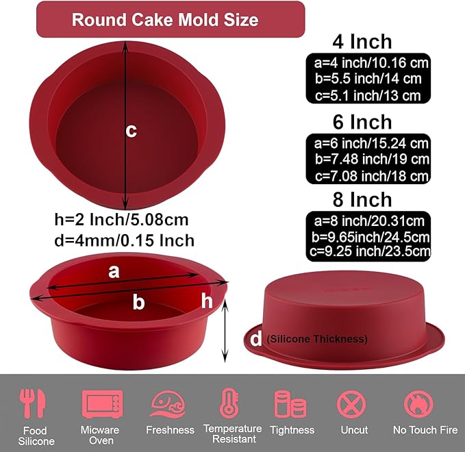 Nalchios 3-Piece Wine Red Silicone Round Cake Pans Set for Baking, Non-stick Flexible Silicone Baking Mold Pans for Layer Cake, Cheese Cake, Chocolate Cake 4+6+8 Inch