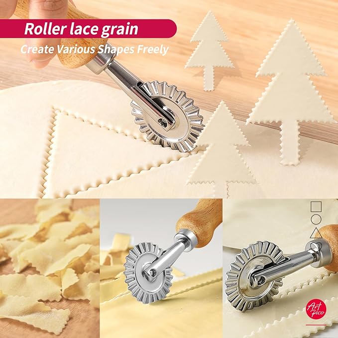 Artpico Ravioli Stamp Maker Cutter Roller Wheel Set of 5 Pasta Making Kit Wooden Handle Fluted Edge for Ravioli Press Cutter Pastry Dumplings Lasagna Pierogi Dough cut